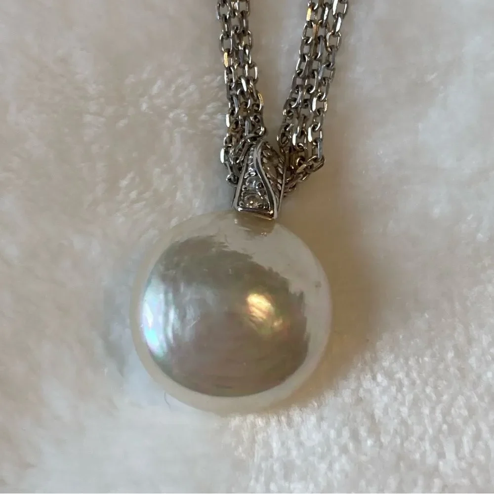 Majorica Sterling Silver Multi Strand Large Simulated Pearl Pendant Necklace